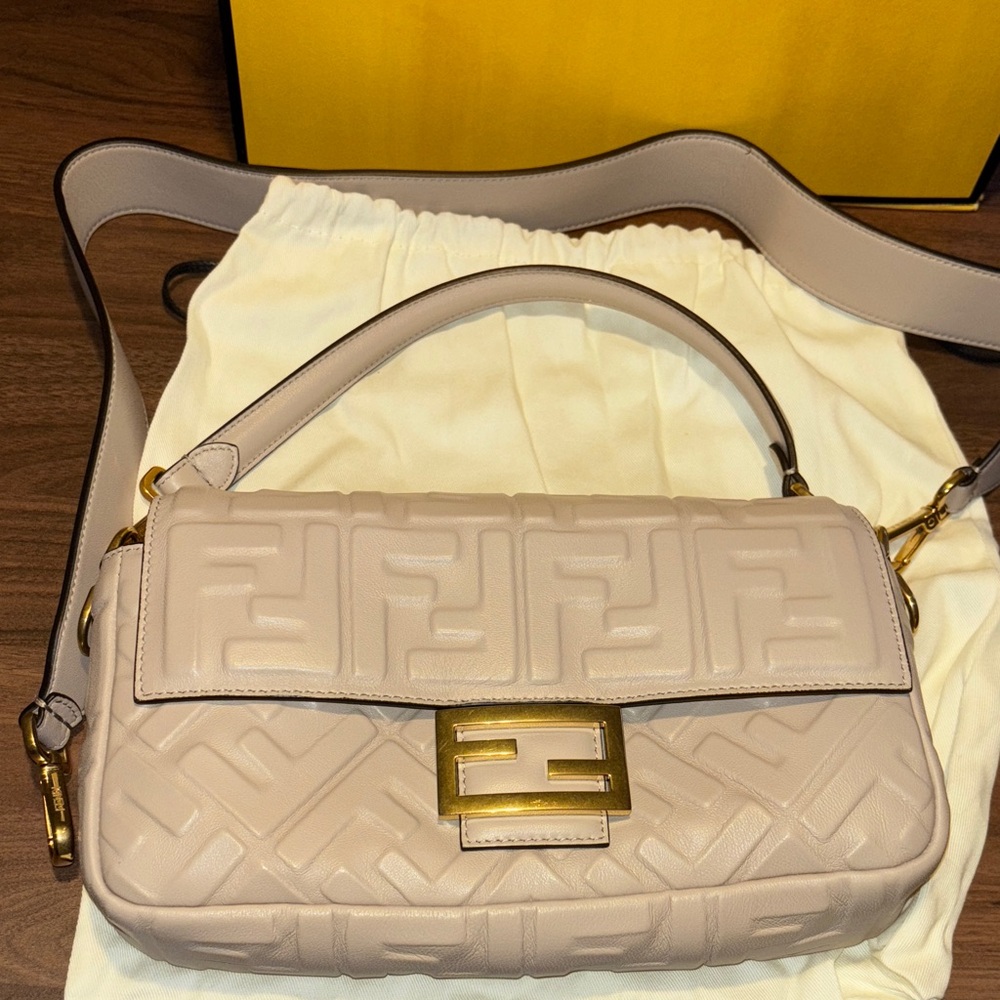Fendi Taupe Leather Shoulder Bag with Gold Accents